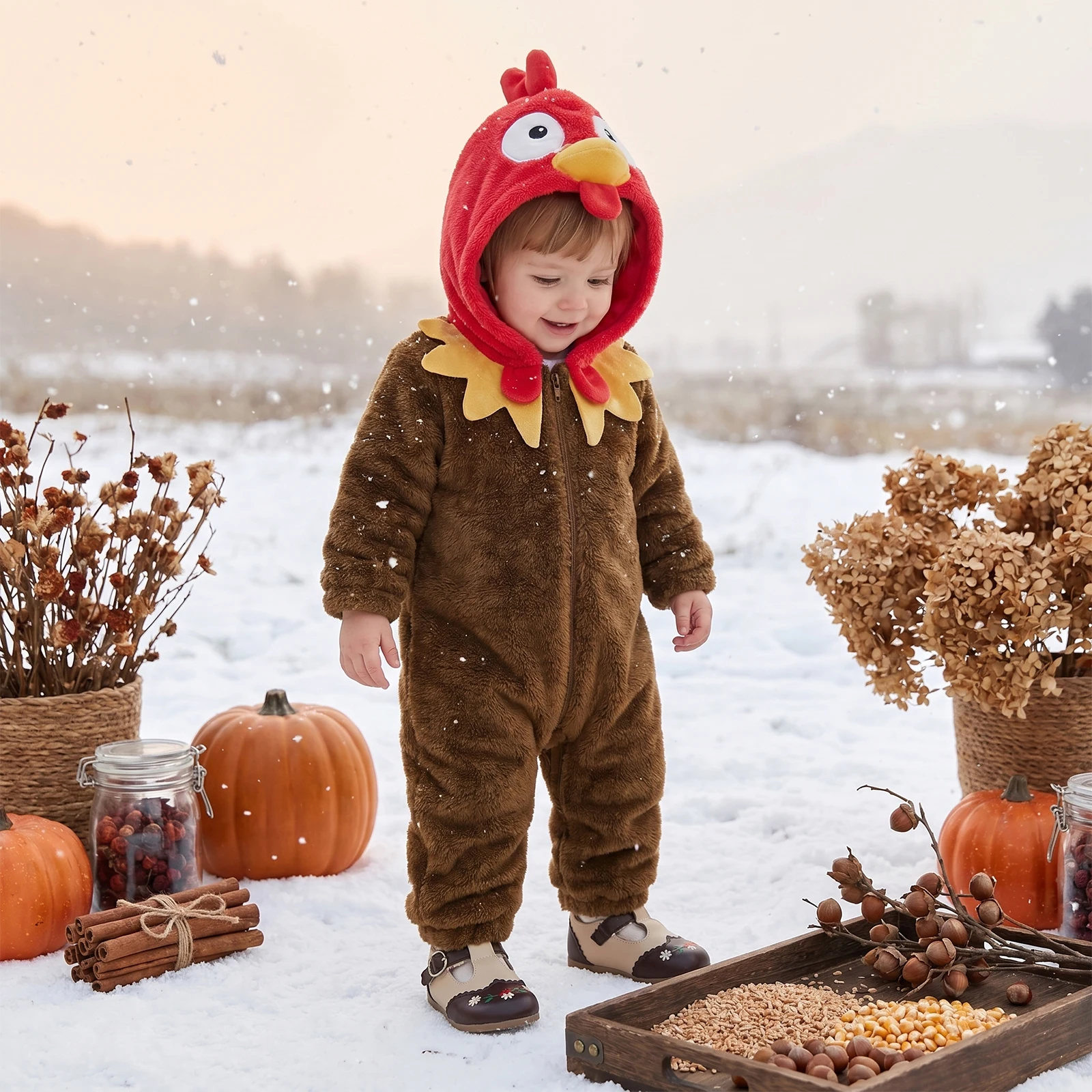 2027 Winter Toddler Baby Turkey Costume Thanksgiving Hooded Fleece Jumpsuit Warm Infant Snowsuit for Halloween Cosplay Party