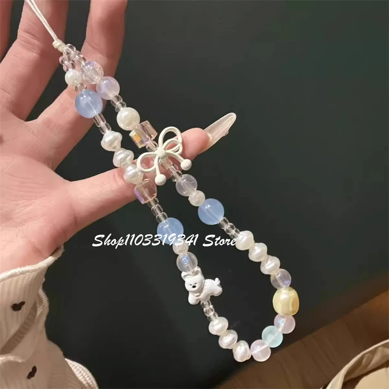 Korean Cute White Bow Puppy Beaded Phone Charms Chain For iPhone 16 Accessories Phone Strap Anti-Lost Lanyard Hanging Rope Girl view 4