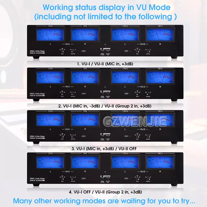Vier analoge VU-Meter DB Panel Display 4-Wege-Verstärker/Lautsprecher Audio Switcher Box Selector Music Spectrum Visualizer
