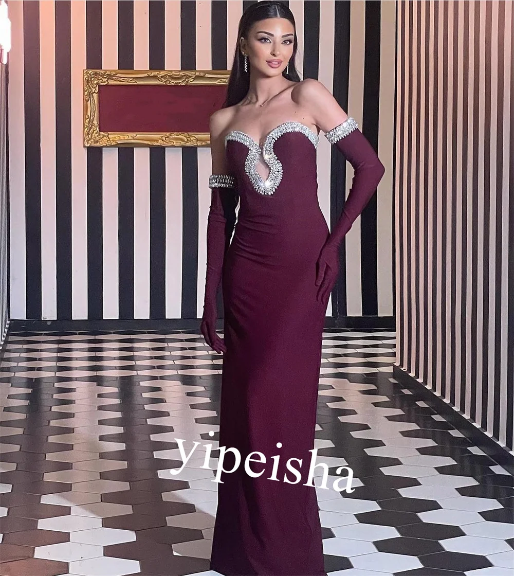 Customized Jersey Appliques Beading Evening Sheath Strapless Bespoke Occasion Gown Long Dresses