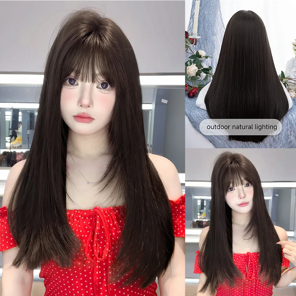 26Inch Black Pretty Lovely Synthetic Wigs With Bang Long Natural Straight Hair Wig for Women Daily Cosplay Party Heat Resistant