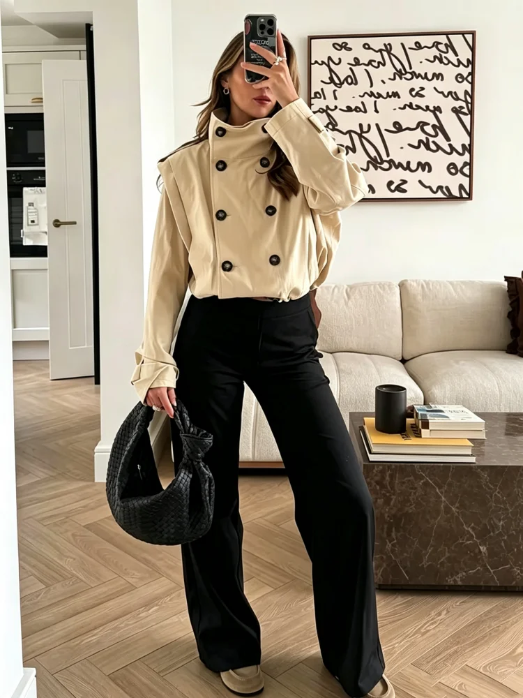 Autumn New Cropped Loose Trench Jacket Women Chic Stand Collar Double Breasted Epaulet Short Coat High Street Women Outerwear