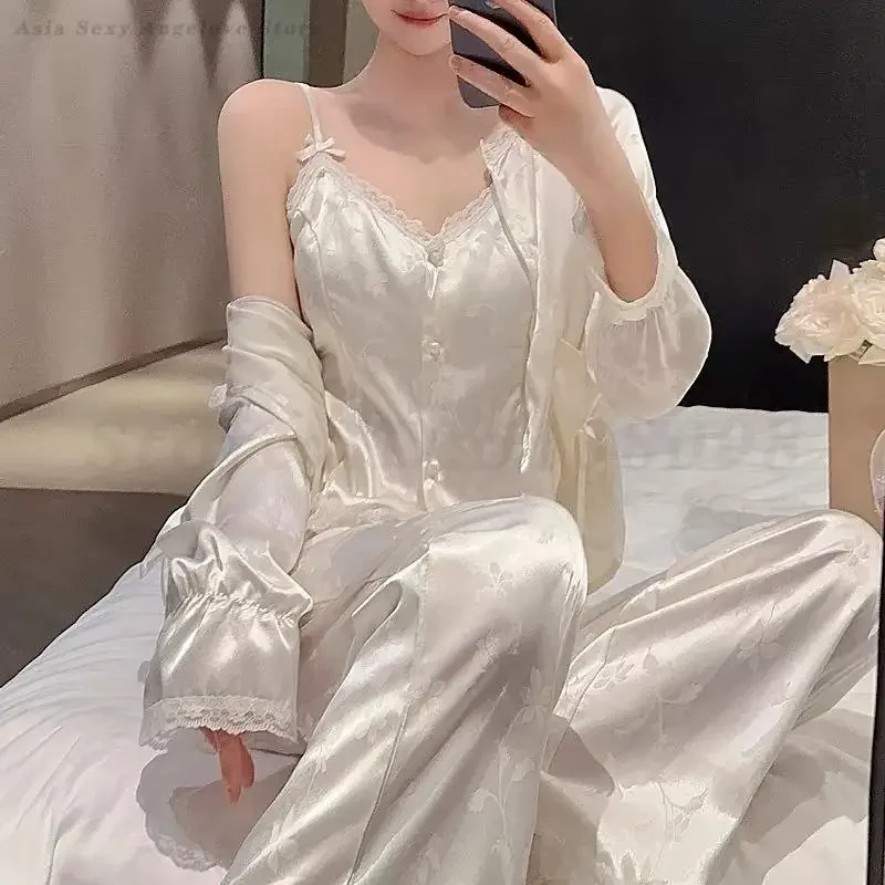 

Spring Autumn Satin Pajamas Women's New Sleepwear 3PCS Sexy Lace Printed Home Clothes Suspender Sling Long Sleeved Pants Pijamas