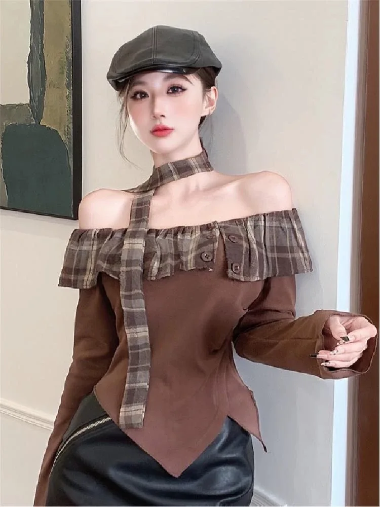 Y2K Ins Plaid Flounce Tops Blouse Women Autumn Winter Shirts Slash Neck Asymmetry Blouse Lady Dopamine Streetwear Sexy Charm Top