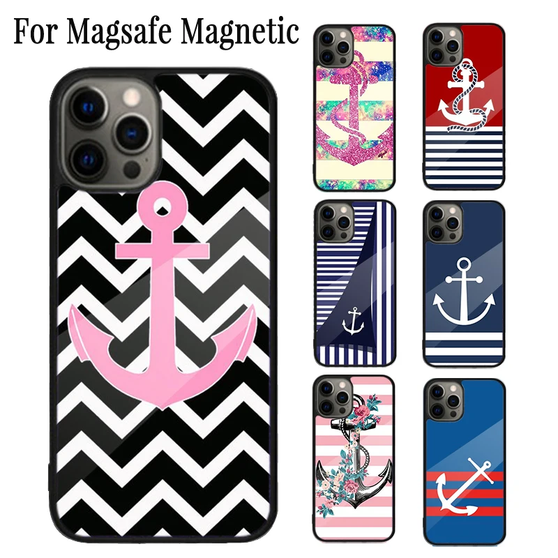 Stripes Anchor Boat Ship Magnetic Phone Case Coque For iPhone 16 15 14 Plus 13 12 Mini 11 Pro Max Magsafe Wireless Cover