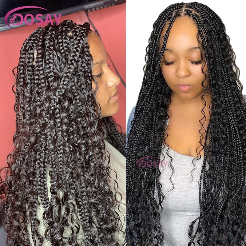 32 Inch Boho Braided Wigs Synthetic 360 Full Lace Front Wigs Bohemian Box Braided Wig Goddess Locs Knotless Wigs With Curly Hair