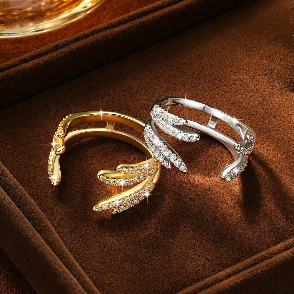 Abestecom Wing Shape Dainty Open Adjustable Ring Paved Moissanite Double Layer Split Band Rings Luxury Jewelry Gift For Women