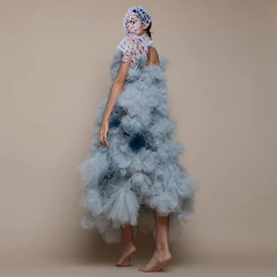 Trendy Cloud Dress Dusty Blue Ruffled Tulle Ball Flowers Prom Party Dresses Hippie Style Formal Occasion Dress فساتين السهرة