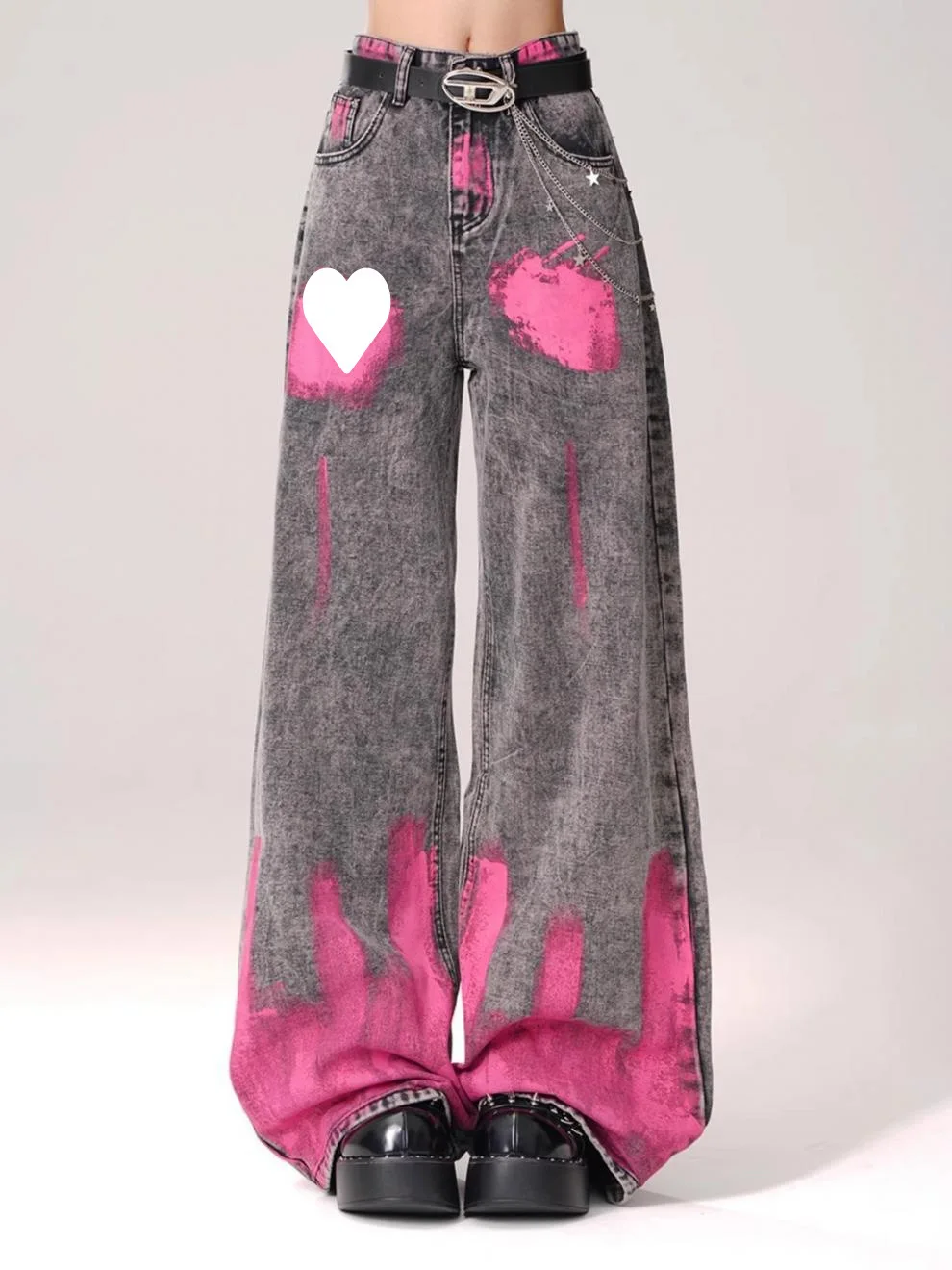 new spring autumn cotton female women girls high street Graffiti wide leg jeans
