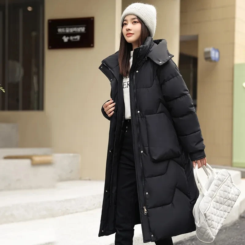 2023 New Winter Long Down Cotton Jacket For Women Zipper Hooded Parkas Coat Female Loose Padded Thicken Warm Snow Wear Jackets