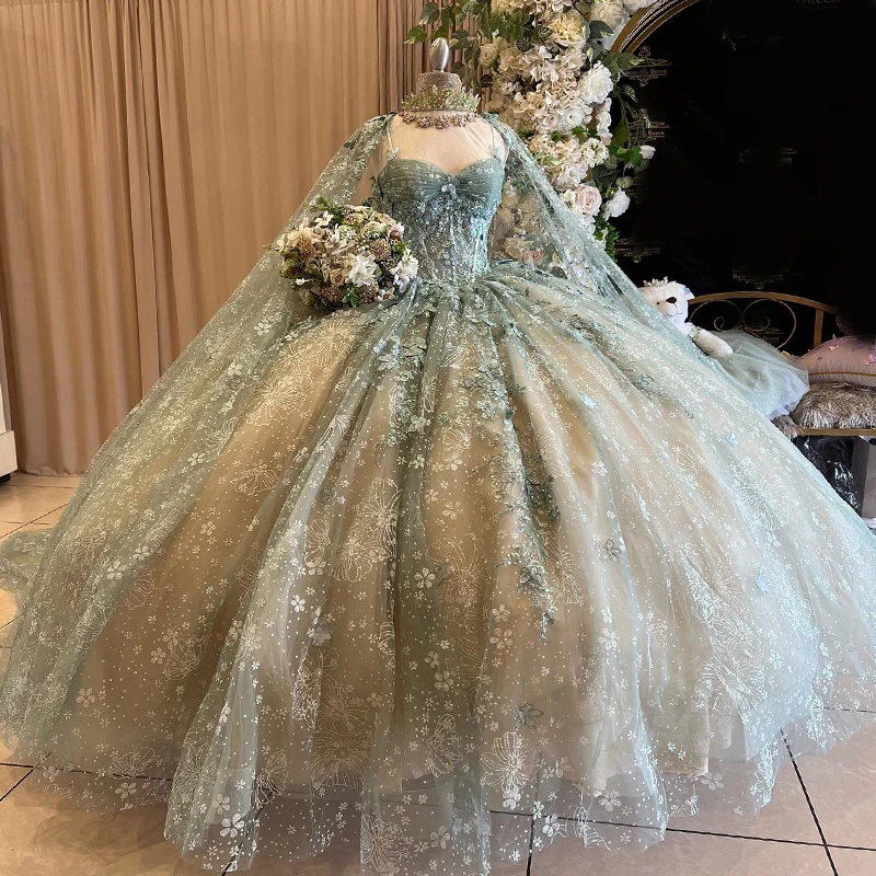 

Shiny Quinceanera Dresses With Cape Ball Gown Sweetheart Lace Beading Tulle Lace-Up Backless Party Princess Sweet 16 Dress 2024