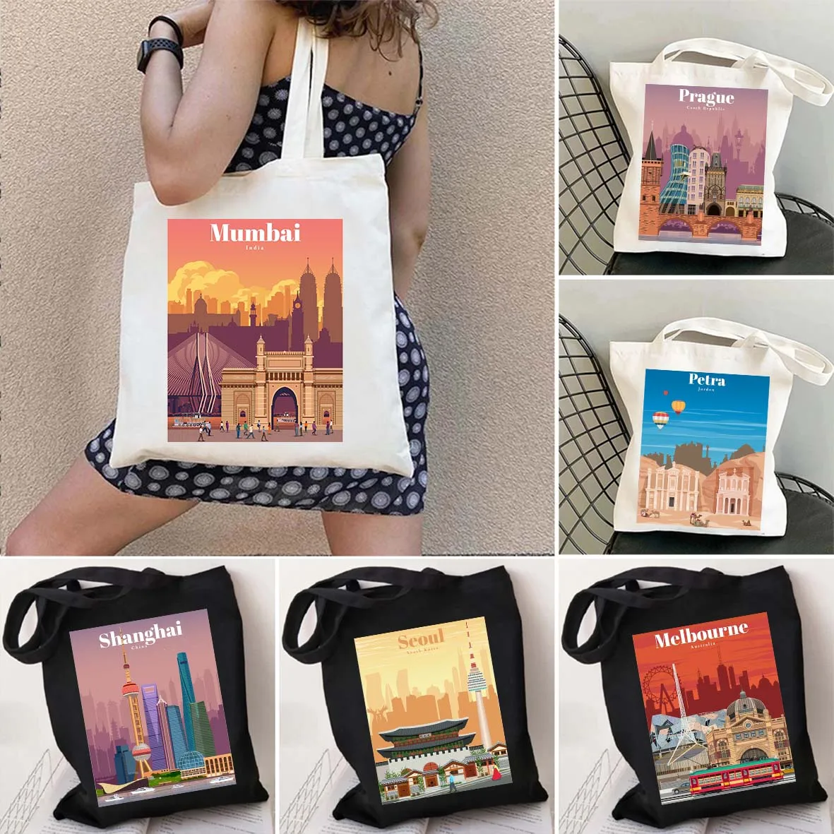 

Montreal Mumbai Munich New Delhi Osaka Petra Prague Quebec Rejkjavik Riga Seoul Korea Canvas Shopping Totes Bag Shopper Handbags