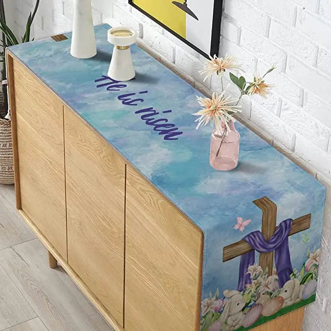 He Is Risen Table Runner Easter Resurrection Christian Cross Spring Holiday Party Kitchen Dinning Home Decoration