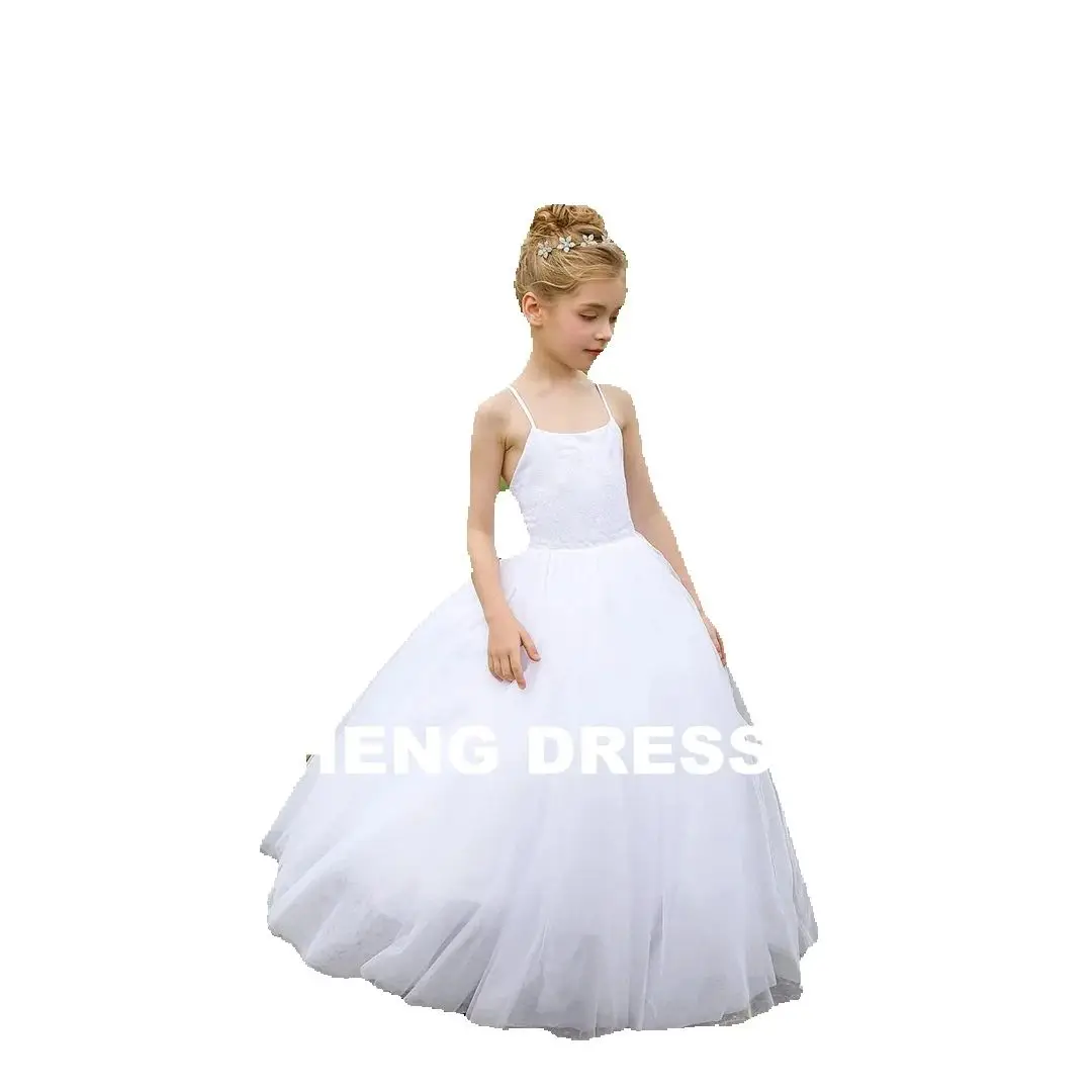 Personalizado tule inchado sem mangas até o chão elegante vestido da menina de flor para o casamento da criança eucarístico vestido de festa de aniversário