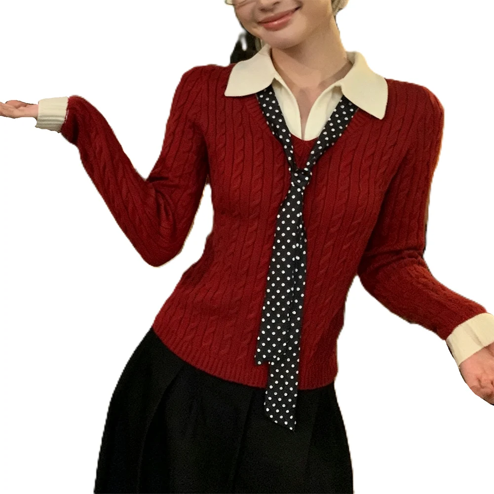 Women's Polyester Knit Sweater For Top with Color Block Splicing Regular Length Medium Elasticity for Leisure Use