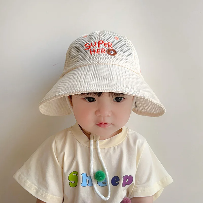 Cartoon Bear Baby Sun Hat Summer Mesh Cool Toddler Visors Large Brim Children Fisherman Cap Solid Color Boy Girl Kids Bonnet