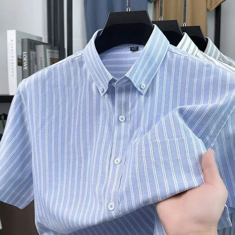 5XL Mens Oxford Shirts Short Sleeve New Design High Quality Stripe 100% Cotton Regular Fit Business Button Down Man Dress Shirt