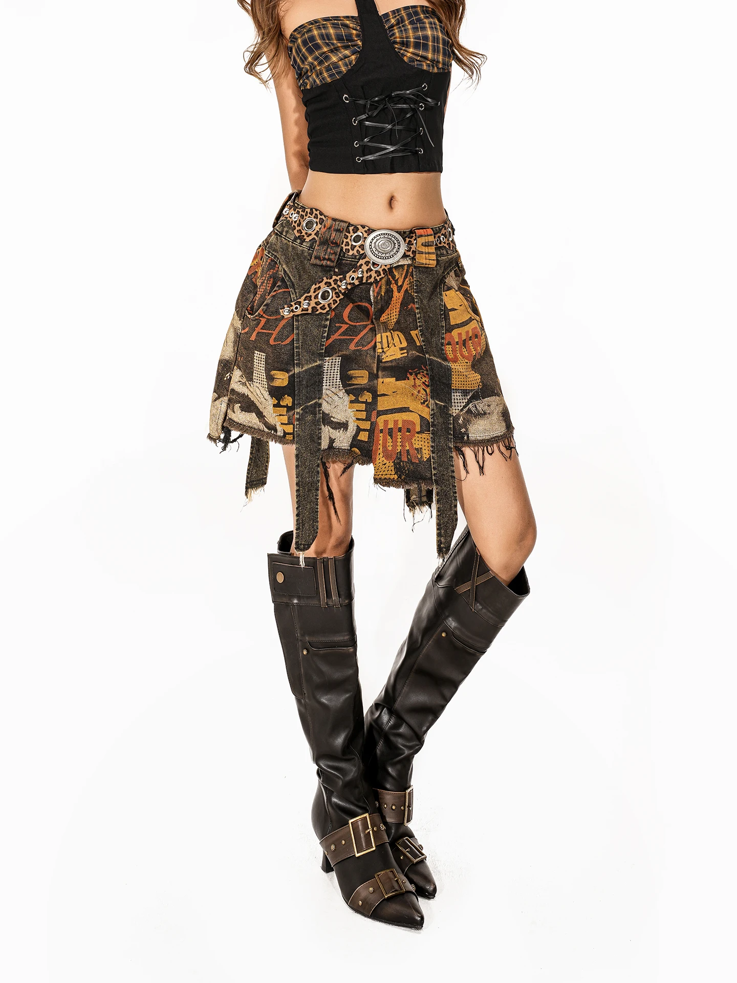 

Wasteland Style Irregular Skirt Women's Retro Graffiti Hot Girl Denim Short Pantskirt