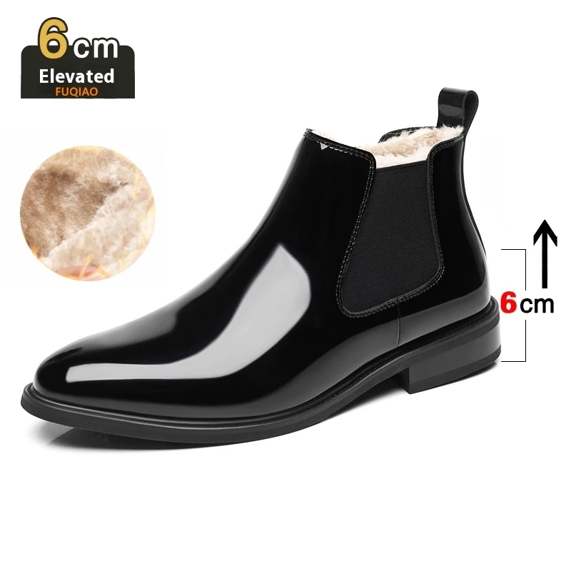 Autumn Winter Warm Fur Men Chelsea Boots Invisible Heel Men Lift Boots Men Leather Elevator Boots Height Increasing Snow Shoes