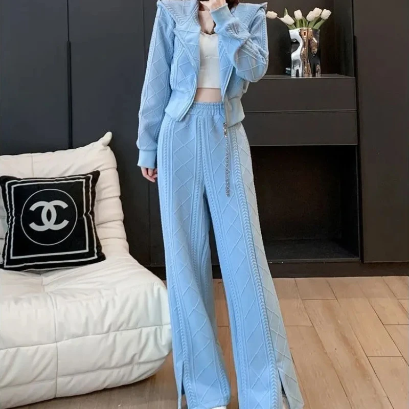 

Spring Fall Hood Two Piece Set Casual Baggy Women Single Button Tops Conjuntos Korean Wide Leg Pants Ensembles New 2024 A33