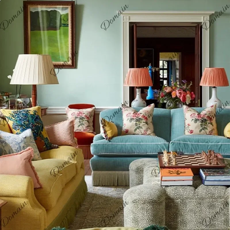 80 N French Retro Velvet Sofa with Tassel, Blue Yellow Living Room Sofa Set, Detachable Washable Villa Sofa
