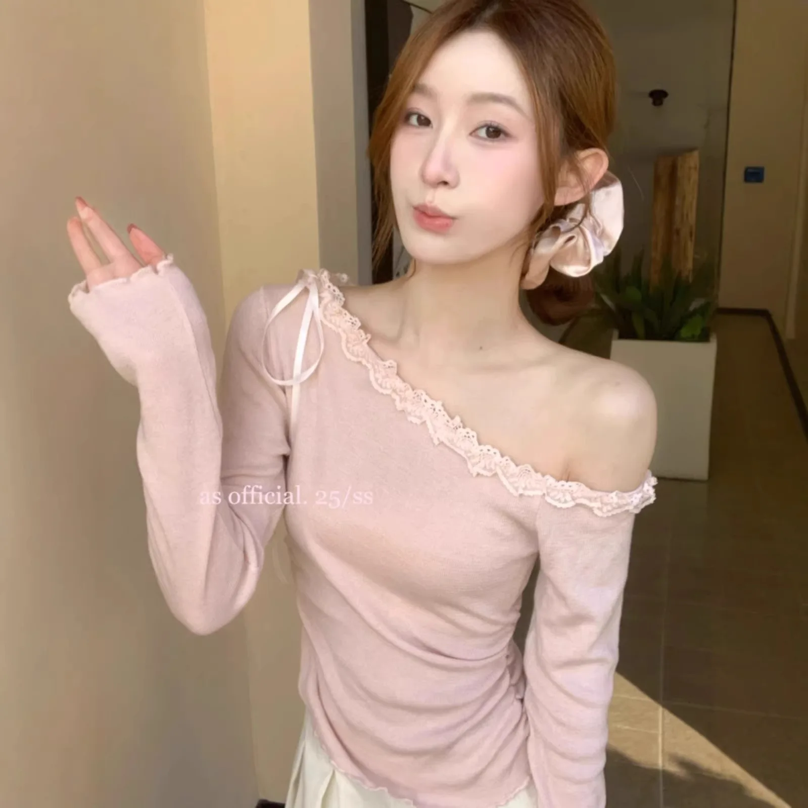 Sweet Pink Lace Sleeve Long T-Shirt Women's Base Shirt Inner Wear Shoulder Bared Outerwear Coolmax Fiber Soft Fit Overhead