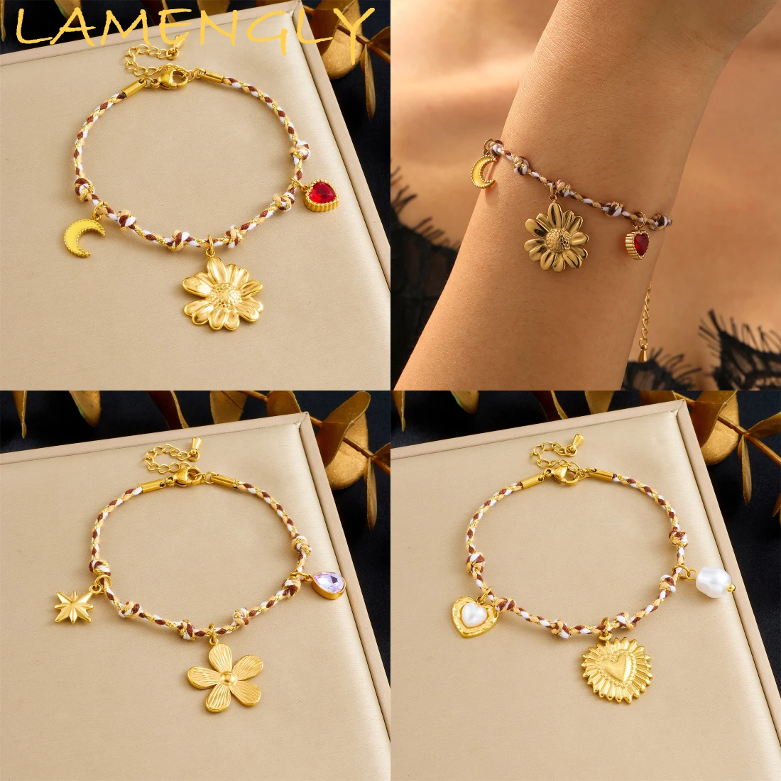 

LAMENGLY 316L Stainless Steel Fresh Trend Rope Chain Big Flower Heart Moon Star Charm Bracelet Women Noble Elegant Hand Chain