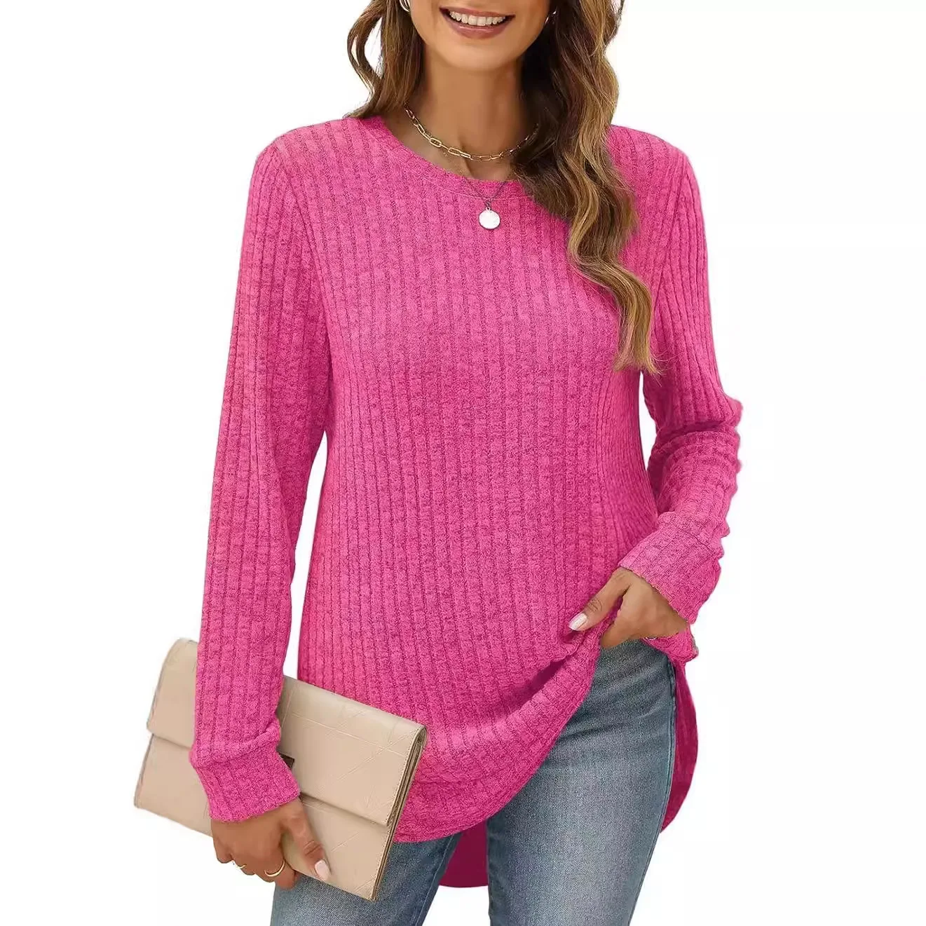 New Square Neck Pit Strip Solid Color Long Sleeve Loose T-shirt Top