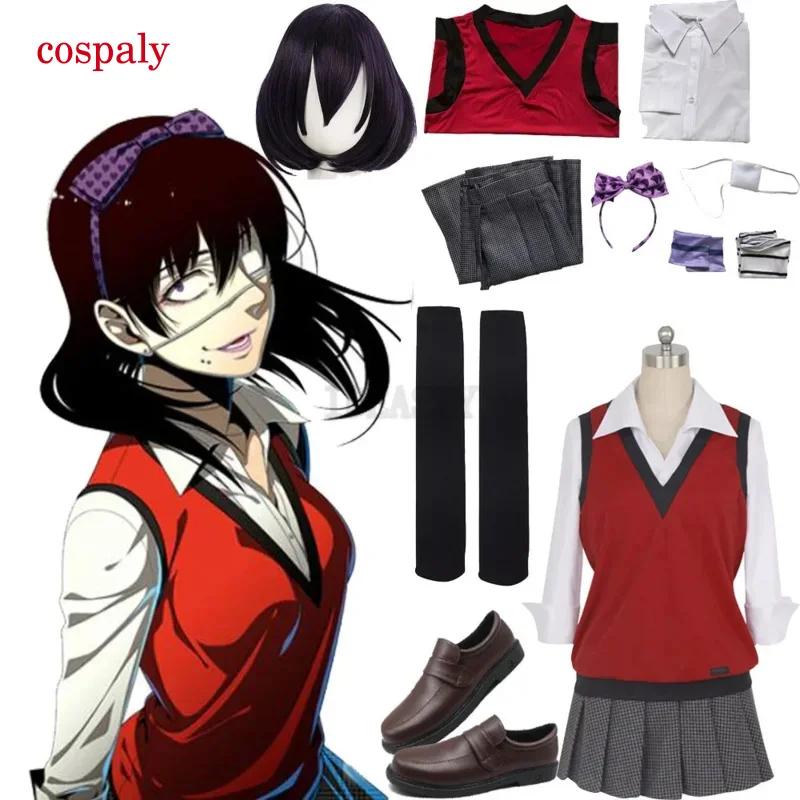 Anime Kakegurui Compulsive Gambler Midari Ikishima Cosplay Costume Japanese School Uniform Vest Skirt Women JK Uniform Wig