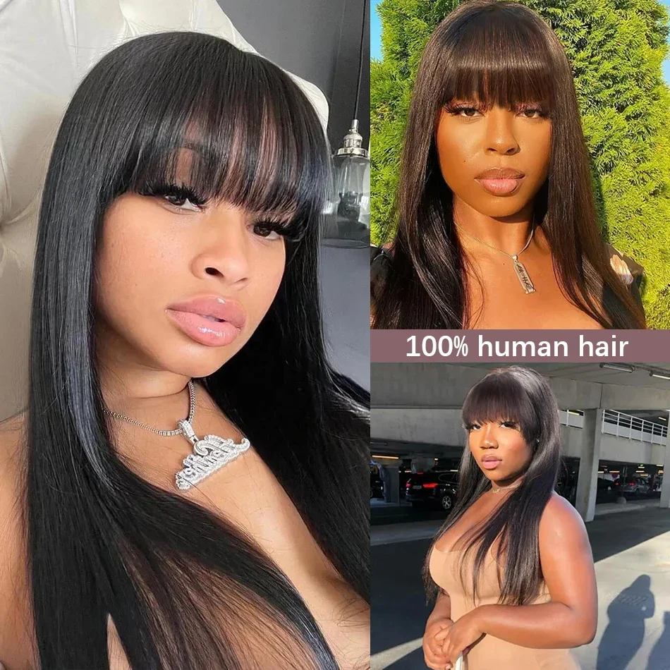 Straight Wigs with Bangs Human Hair Wigs None Lace Front Wigs Brazilian Virgin Hair Glueless Machine Made Wig
