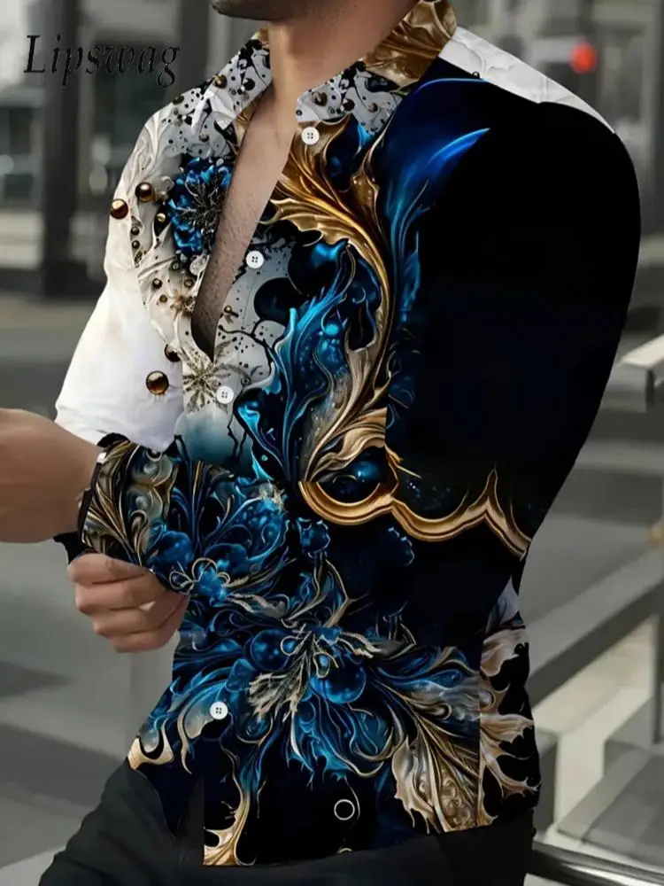 

Vintage Florals Printing Shirts Men Casual Long Sleeve Button-up Shirt Tops Spring Autumn Stylish Men's Turn-down Collar Shirt