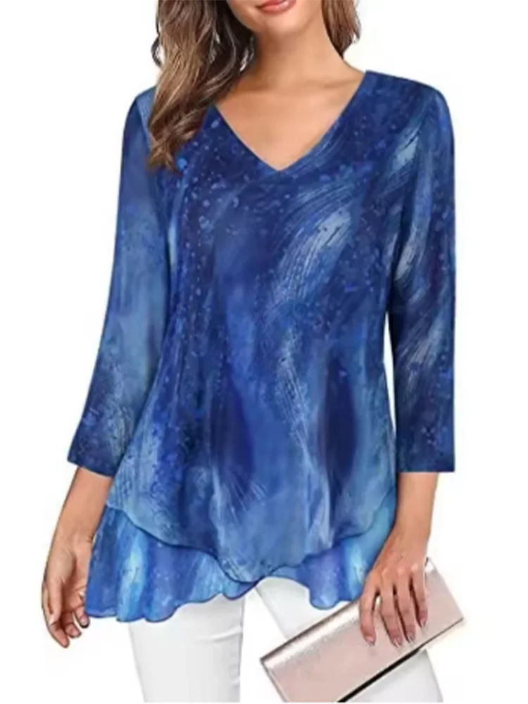 V-hals bedrukt geplooid casual dames-T-shirt met lange mouwen Straat Veelzijdig Elegant woon-werkstijl Lentetop