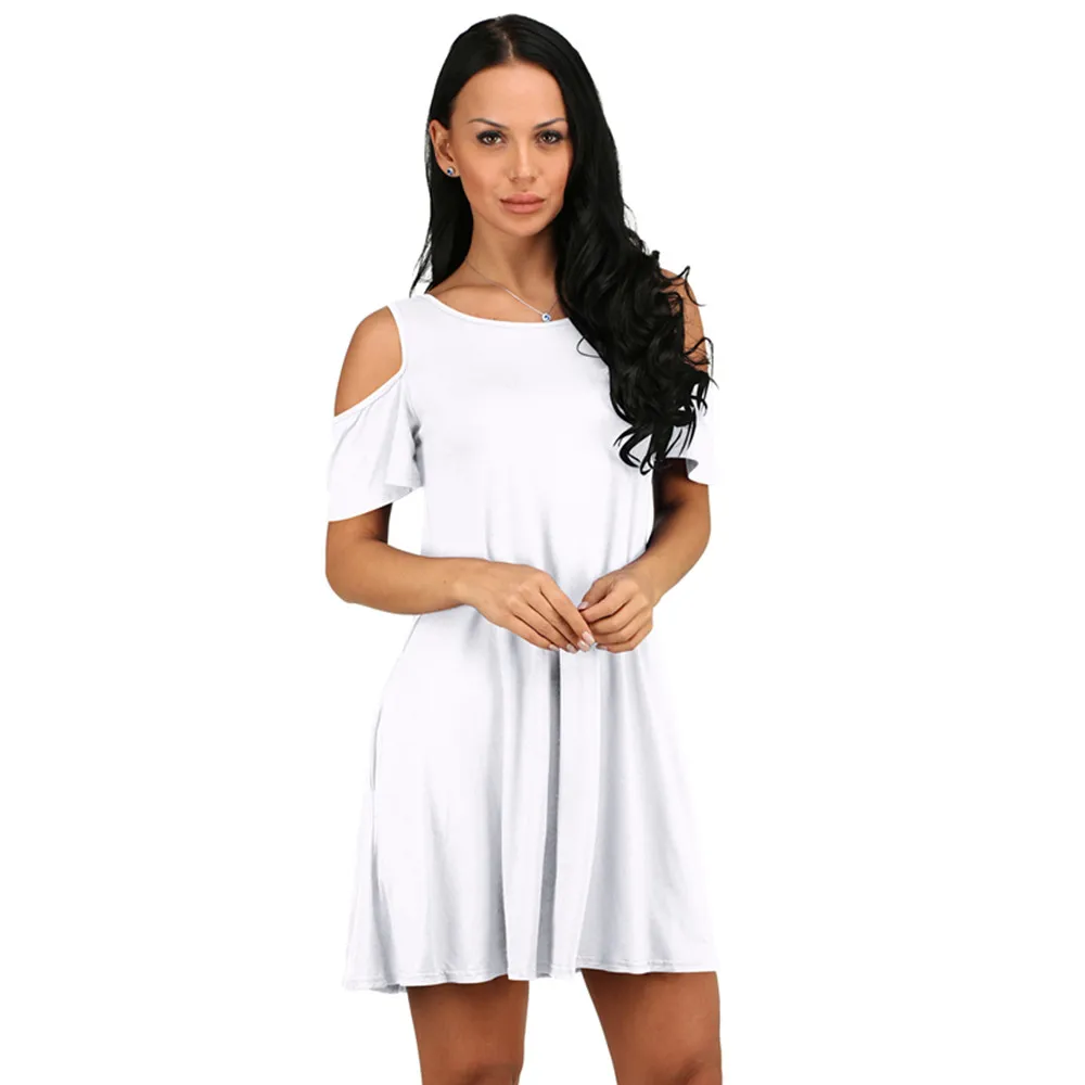 Womens Summer Dresses Brown Round Neck Off Shoulder Loose A-Line Casual Dress