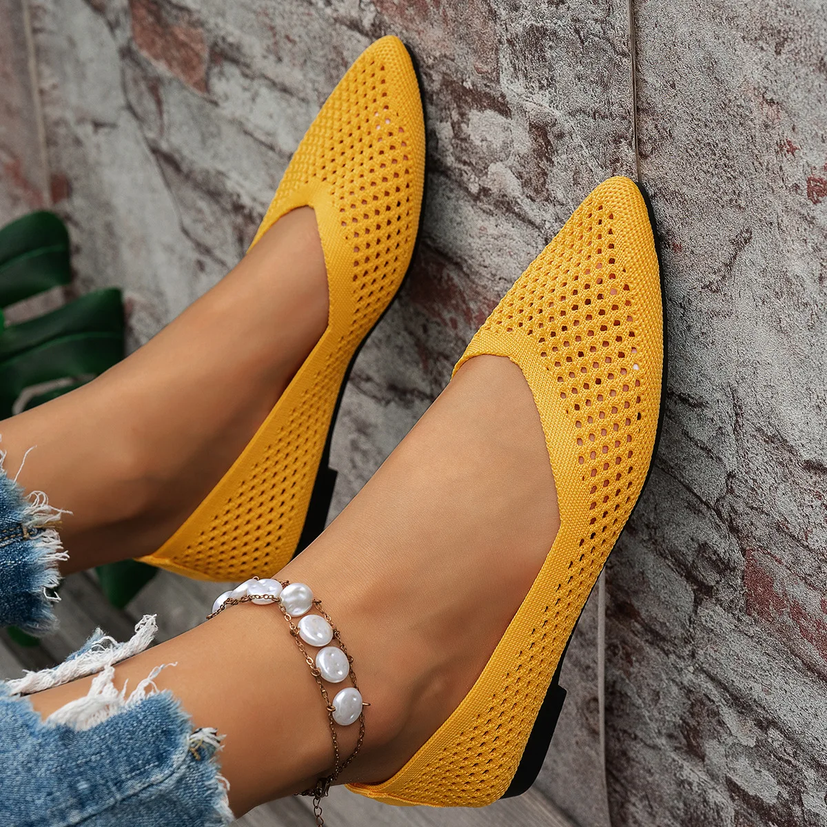 

Женская обувь на плоской подошве, женская обувь с острым носком, однотонные вязаные лоферы без шнуровки, женские повседневные дышащие балетки, женские туфли на плоской подошве