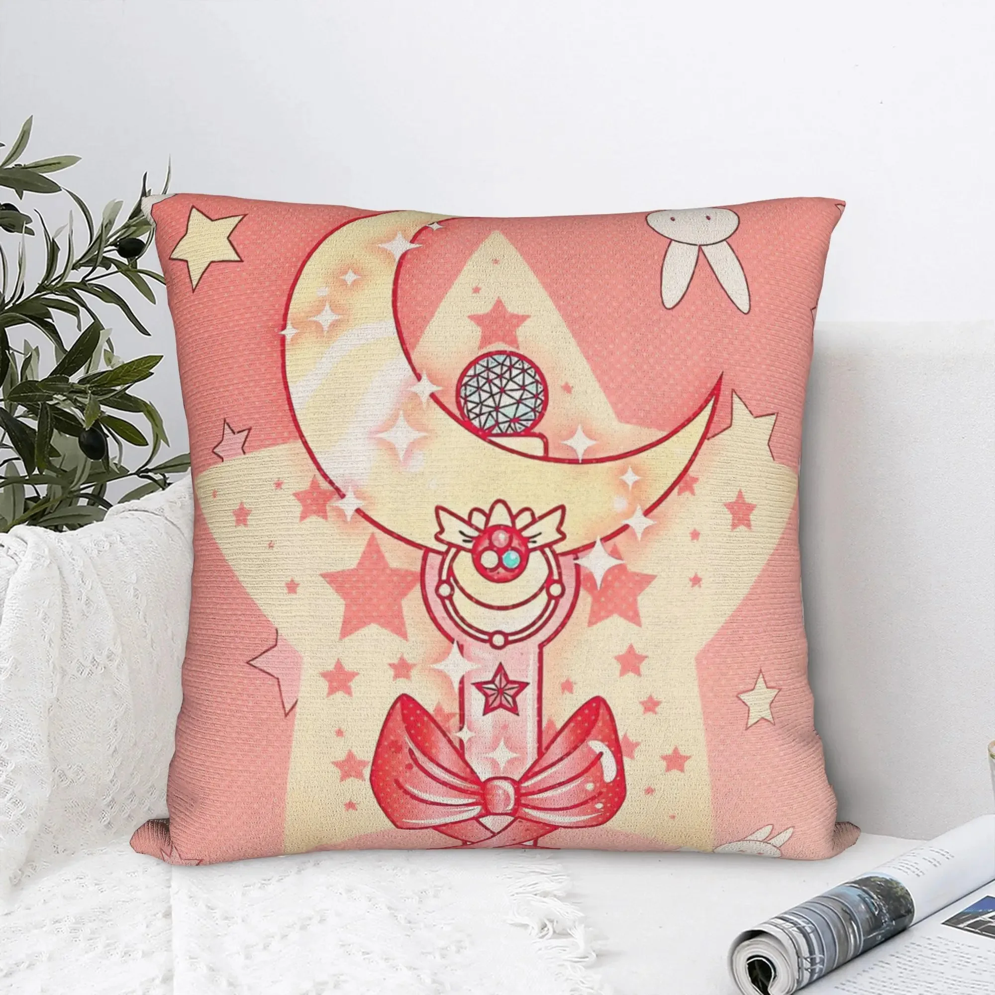 

Cute Magical Girl Wand Pillowcase Peach Skin 2D Flat Printed Pink Star Cushion Cover Sofa Girls Bedroom Decor