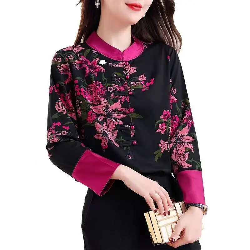 Clothes for Women Chinese Style Vintage Floral Print Shirt Stand Collar Elegant Temperament Blouses Female Chic Long Sleeve Tops