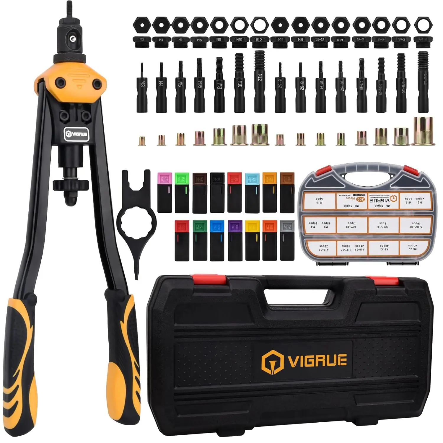 

16 Inch Rivet Nut Tool Kit with 15 Mandrels and 300 Rivet Nuts - Metric & SAE Sizes, Heavy Duty Hand Riveter