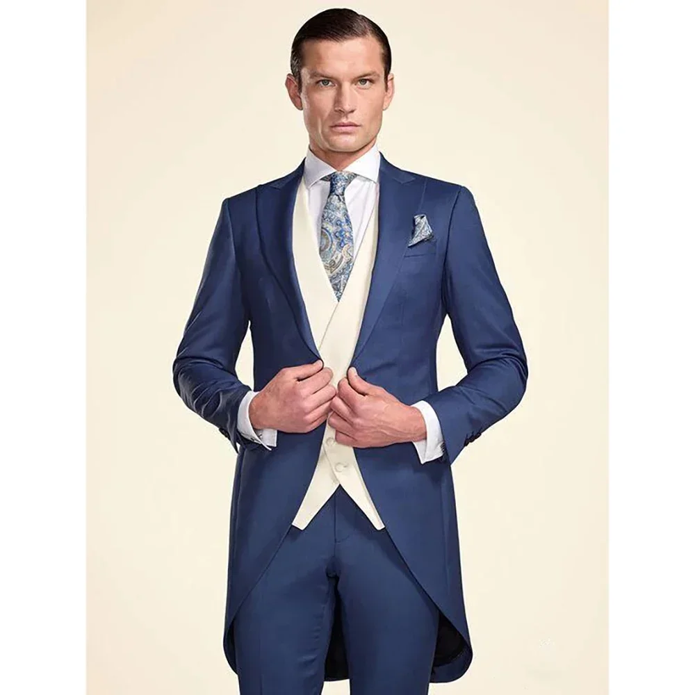 

Elegant Navy blue Suits Men For Wedding Formal Jacket Vest Pants 3 Pieces Groomsman Tuxedos Tailored Male Fashion Clothing