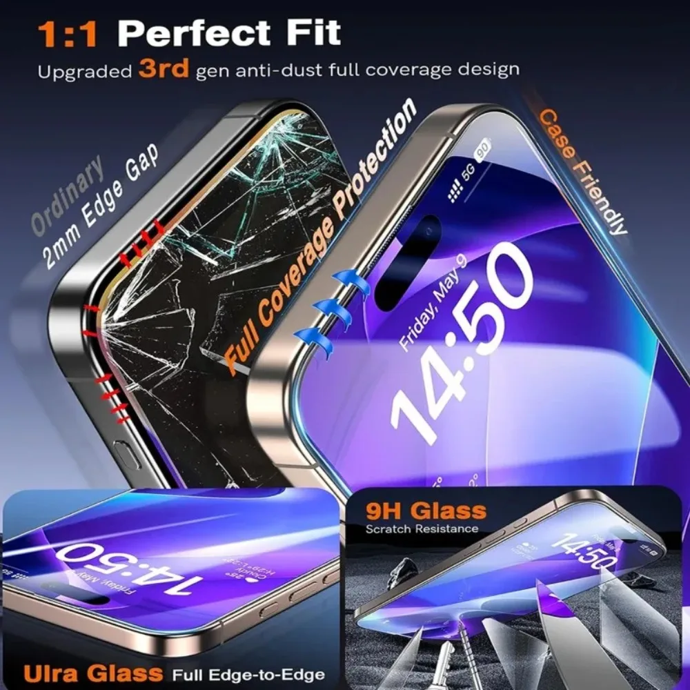 4 قطعة واقي شاشة فائق الوضوح لهاتف آيفون 17 16 15 14 Pro Air 13 12 11 Pro 16 15 14 Plus XR XS Max 9H زجاج مقسى صلابة