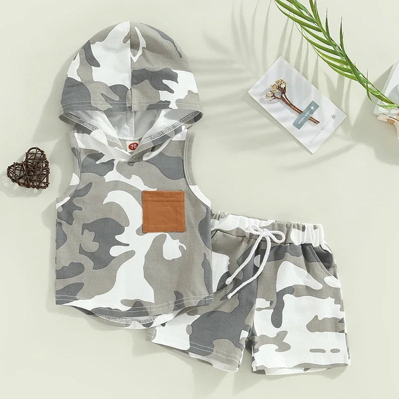 

0-3T Baby Boy Summer Cotton Suit Sleeveless Hooded Camouflage Short Sleeved Vest+Drawstring Shorts With Pockets