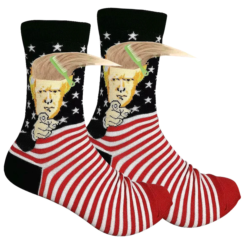 Spoof Funny 2024 President Donald Trump Socks With 3D Fake Hair Crew Socks Unisex Streetwear Hip Hop Novelty Socks Merchandise