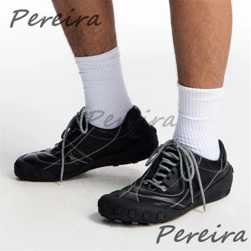 Retro Round Toe Thick Soled Casual Sneakers for Men Trendy Versatile Black Leather Lace Up Sports Shoes Summer Training Shoes