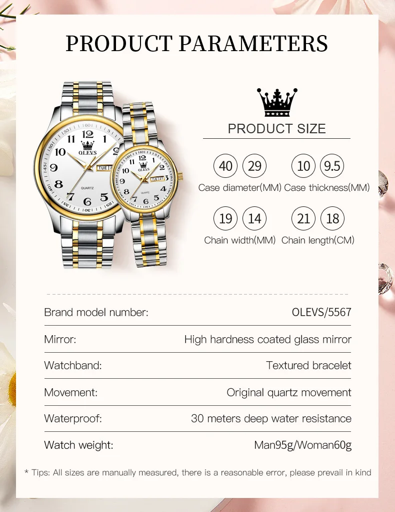 OLEVS 5567 Luxury Brand Couple Watches Fashion Casual Quartz Wristwatch For Men and Women Digital Dial Lover\'s Clock Set Gifts