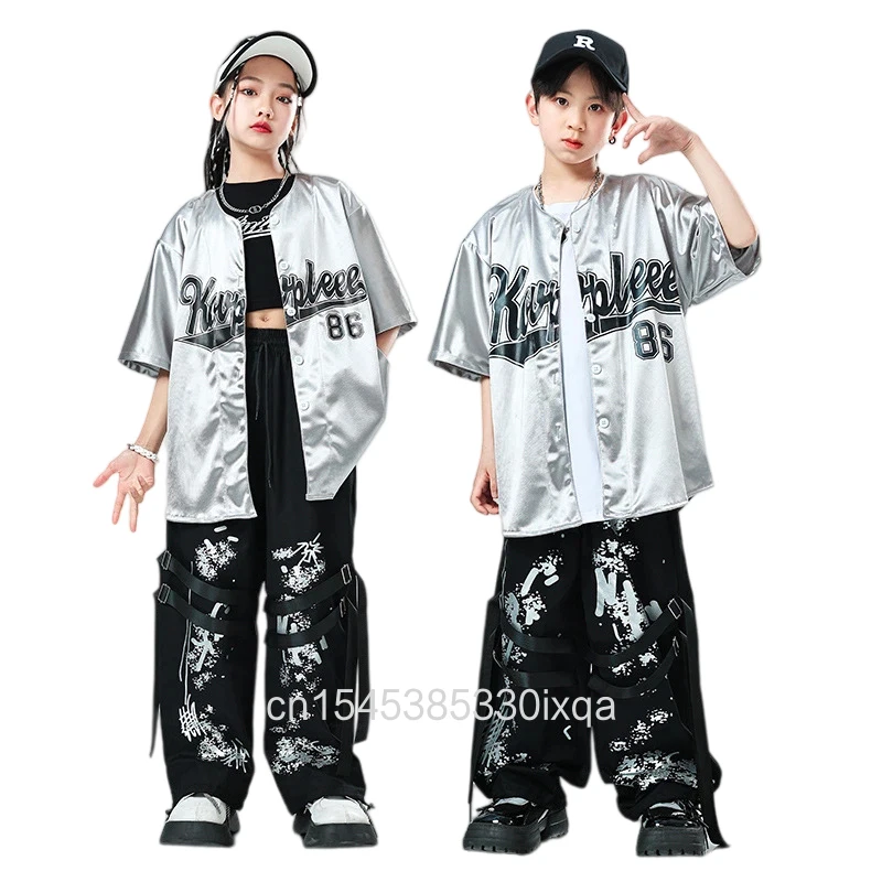 Girls Hip Hop Sliver Short Sleeve Baseball Jacket Pants Boys Street Dance Sequin Coat Children Jazz Clothes Set Kids Streetwear