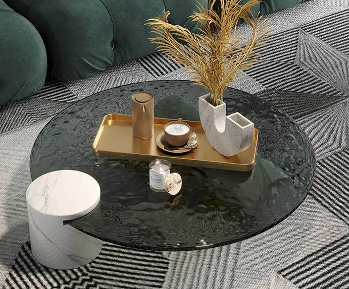 

Light Luxury Water Ripple Tempered Glass Tea Table Marble Modern Simple Italian Minimalist Tea Table round