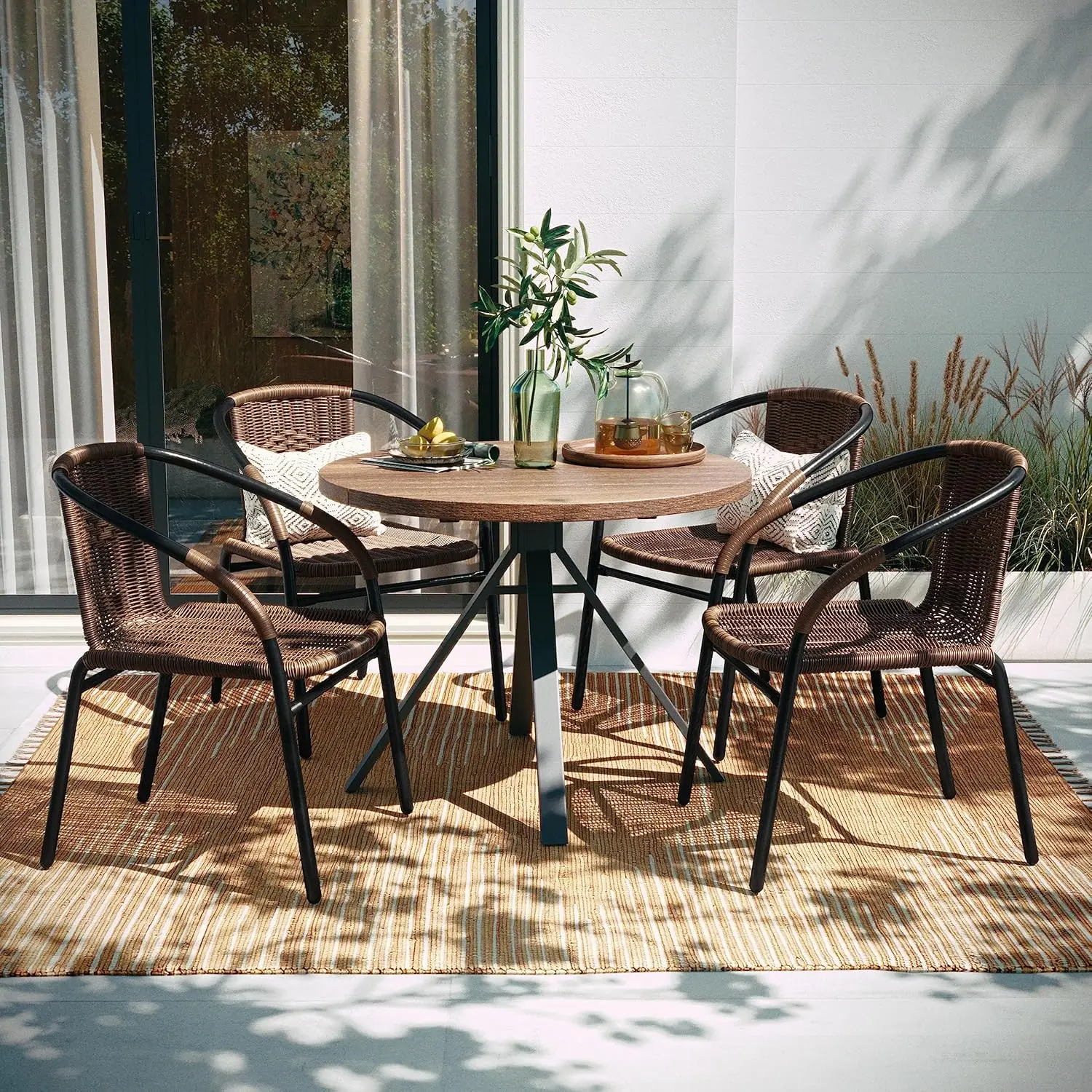 Furniture Lila Modern Rattan Indoor/Outdoor Stackable Dining Chairs, Stacking Rattan Bistro Chairs for Patio or Restaurant