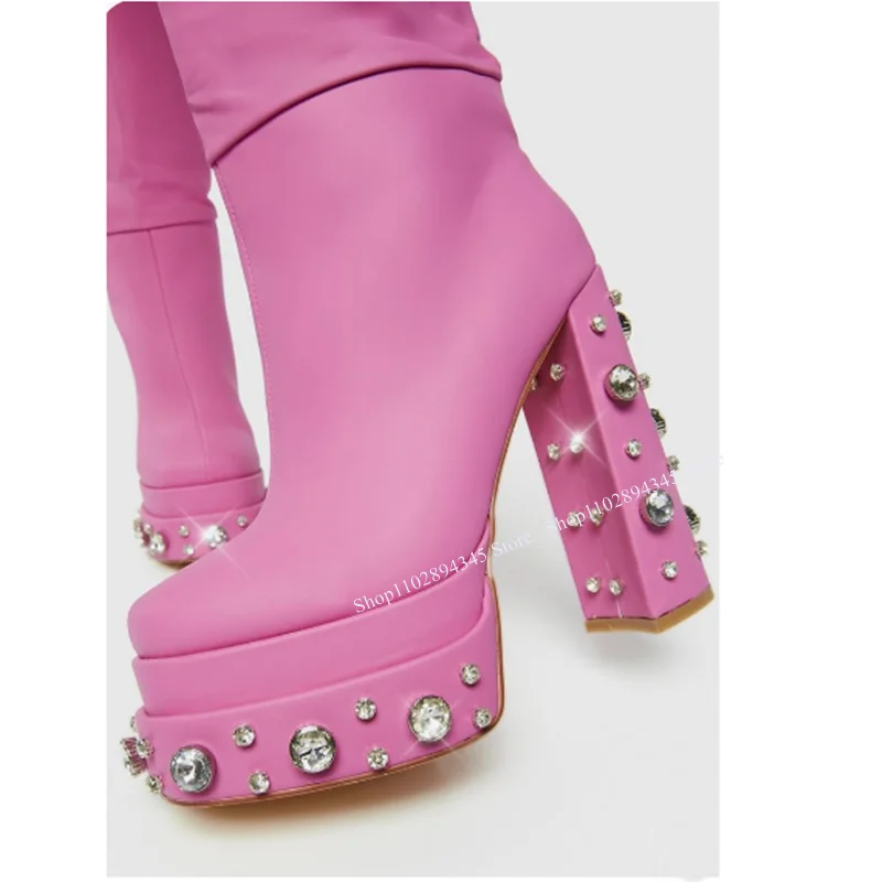 Botas de plataforma alta para joelho feminino, salto grosso, cristal rosa, sapatos casuais tamanho grande, elegante e sexy, 2023, verão