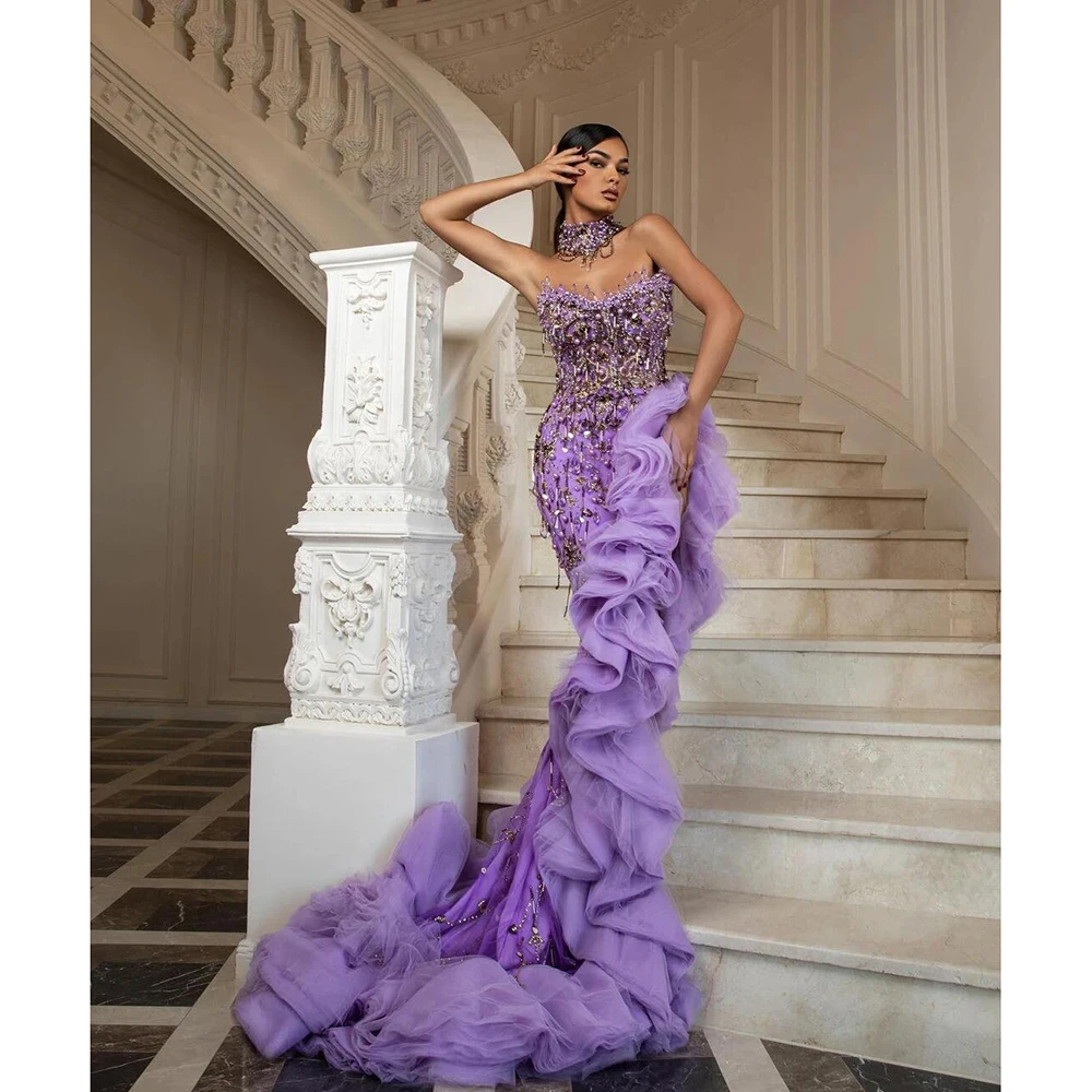 Elegant Mermaid Ruffles Evening Dresses Beaded Crystals Split Prom Gowns Custom Made Strapless Party Gown