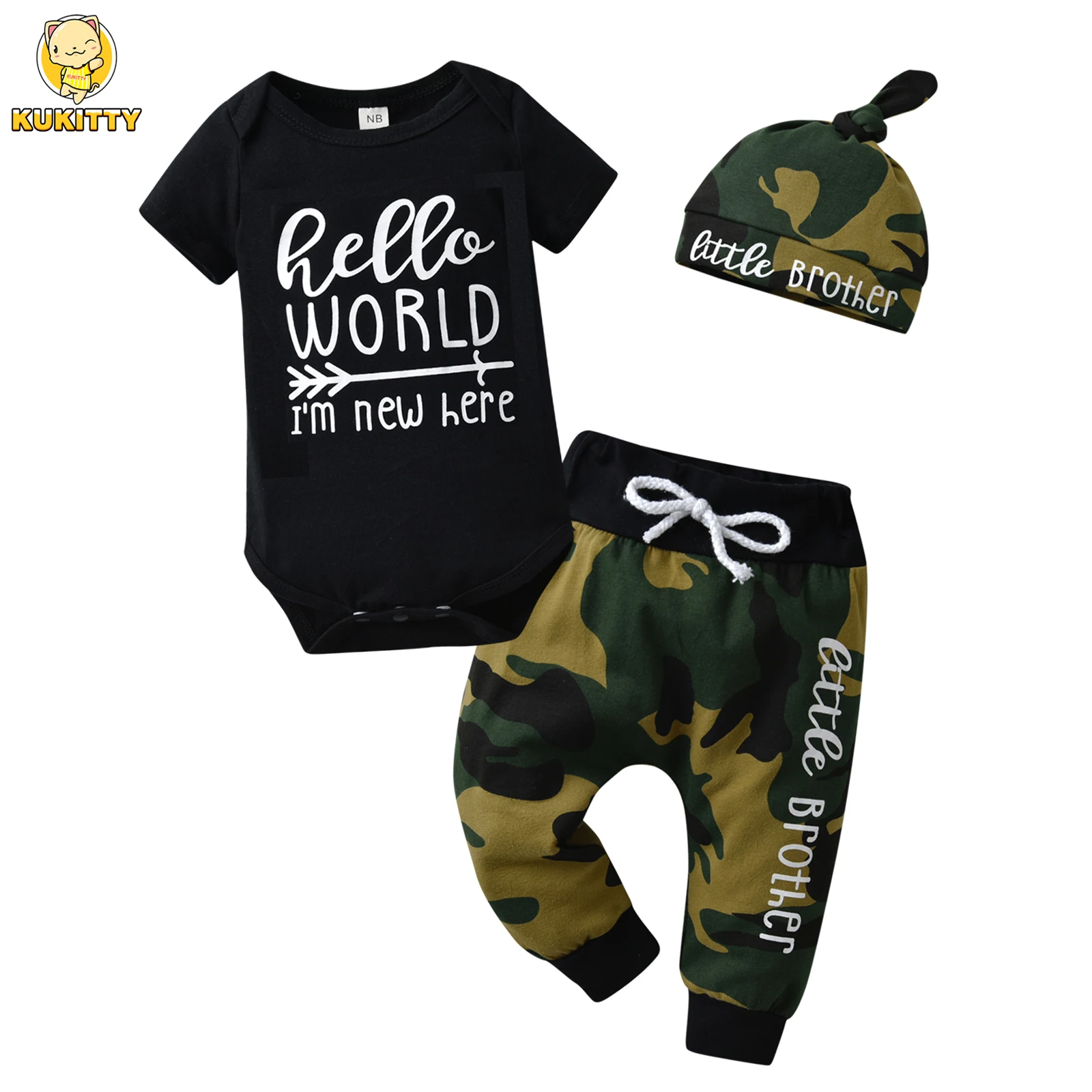 Summer infant Baby Boys Clothes Set Letters Print Cotton Short Sleeve O-neck Bodysuit Top + Pants + Hat Newborn Outfits