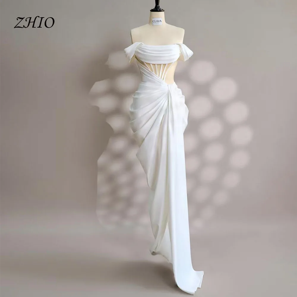 فستان سهرة أبيض أنيق من ZHIO بدون أكتاف مشد حورية البحر ذيل محكمة من الساتان مناسبة خاصة لحفلات الزفاف حسب الطلب